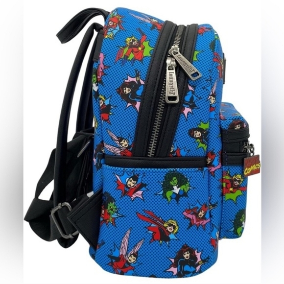 Loungefly Blue Marvel Superhero Mini Backpack with Multicolor Comic Print Nwt